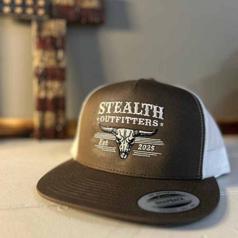 Stealth Outfitters Brown Trucker Hat with White Mesh Back Est 2025 Snapback Cap featuring Bull Skull Design