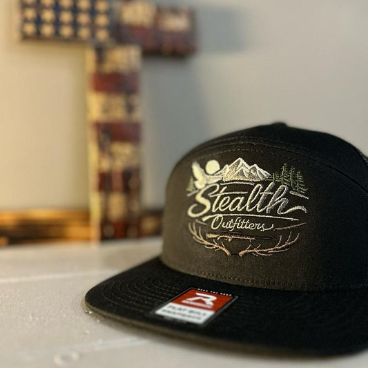 Stealth Outfitters Black richardson 168 Hat with Embroidered Mountain & Tree Design for Outdoor Enthusiasts