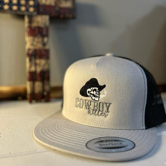Cowboy Killer Snapback Hat - Grey & Black Trucker Cap with Embroidered Skull Design