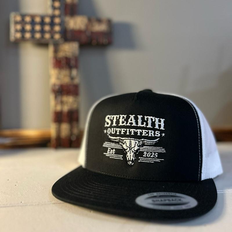 Stealth Outfitters White and black yupong trucker hat  with Bull Skull Logo and Flat Bill Design